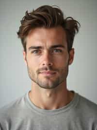 A professional photography man headshot of a confident man, taken in a well-lit studio with a clean, neutral backdrop. The man is dressed in  a fitted, neutral-colored crewneck shirt with neatly styled hair, ensuring a polished yet natural look. The lighting is soft and even, accentuating the man’s bone structure, skin texture, and striking features. The focus is sharp, with a clear emphasis on the man\'s eyes and subtle expression, creating the perfect headshot for agency submissions, portfolio updates, and professional branding in fashion and commercial maning.