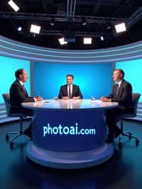 a TV news channel panel discussion setup. three experts—one media ethics professor, a hollywood filmmaker, and a tech industry representative—are in a heated debate over the implications of ai-generated videos. the chyron reads: 'PhotoAI.com: innovation or threat?' the host asks, 'are ai-generated videos misleading the public?' the filmmaker warns, 'this technology could replace human actors entirely!' the tech industry rep defends ai, saying it 'enhances creativity, not replaces it.' the professor warns about deepfakes and ai propaganda.