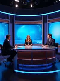a TV news channel panel discussion setup. three experts—one media ethics professor, a hollywood filmmaker, and a tech industry representative—are in a heated debate over the implications of ai-generated videos. the chyron reads: 'PhotoAI.com: innovation or threat?' the host asks, 'are ai-generated videos misleading the public?' the filmmaker warns, 'this technology could replace human actors entirely!' the tech industry rep defends ai, saying it 'enhances creativity, not replaces it.' the professor warns about deepfakes and ai propaganda.