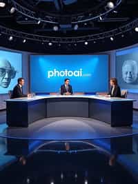 a TV news channel panel discussion setup. three experts—one media ethics professor, a hollywood filmmaker, and a tech industry representative—are in a heated debate over the implications of ai-generated videos. the chyron reads: 'PhotoAI.com: innovation or threat?' the host asks, 'are ai-generated videos misleading the public?' the filmmaker warns, 'this technology could replace human actors entirely!' the tech industry rep defends ai, saying it 'enhances creativity, not replaces it.' the professor warns about deepfakes and ai propaganda.