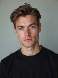 man looking straight into camera with mouth closed and no emotion. plain background. wearing black  t-shirt