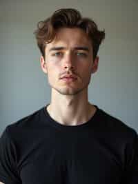 man looking straight into camera with mouth closed and no emotion. plain background. wearing black  t-shirt