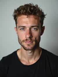 man looking straight into camera with mouth closed and no emotion. plain background. wearing black  t-shirt