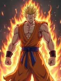 A legendary anime martial artist, posing confidently with a glowing energy aura, wearing  a sleeveless martial arts outfit with muscular definition and intense expression. The background features a classic anime battle stage.