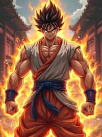 A legendary anime martial artist, posing confidently with a glowing energy aura, wearing  a sleeveless martial arts outfit with muscular definition and intense expression. The background features a classic anime battle stage.