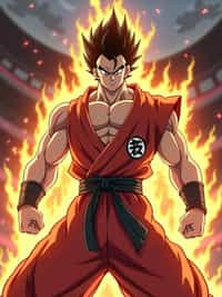 A legendary anime martial artist, posing confidently with a glowing energy aura, wearing  a sleeveless martial arts outfit with muscular definition and intense expression. The background features a classic anime battle stage.