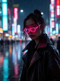 Rainy night in Shibuya, reflections of neon lights on the wet streets.  Dark neon-lit outfit, glowing cyberpunk glasses. Cyberpunk realism.