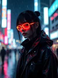 Rainy night in Shibuya, reflections of neon lights on the wet streets.  Dark neon-lit outfit, glowing cyberpunk glasses. Cyberpunk realism.