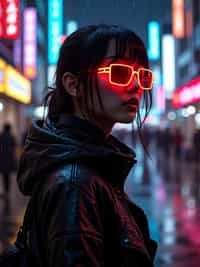 Rainy night in Shibuya, reflections of neon lights on the wet streets.  Dark neon-lit outfit, glowing cyberpunk glasses. Cyberpunk realism.
