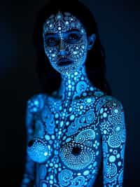 Model with glowing UV ink tattoos. Invisible ink tattoos that glow under blacklight, delicate patterns . Sci-fi-inspired tattoos.