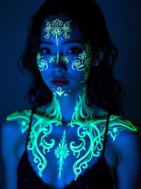 Model with glowing UV ink tattoos. Invisible ink tattoos that glow under blacklight, delicate patterns . Sci-fi-inspired tattoos.