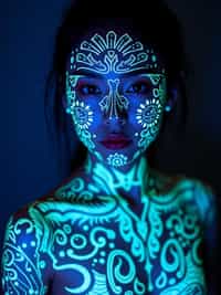 Model with glowing UV ink tattoos. Invisible ink tattoos that glow under blacklight, delicate patterns . Sci-fi-inspired tattoos.