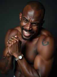 full body photo of Dramatic close-up for a 1990s album cover, intense expression.  Tough rap icon stance, flexing rings.