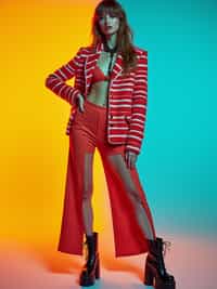 High-fashion E-Girl editorial shoot. Dressed in Y2K aesthetic, platform shoes, bold accessories . AI fashion-forward portrait.