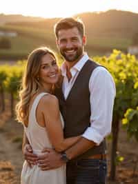 Engagement photoshoot at a vineyard or countryside.  Wearing a casual linen shirt and vest . Warm sunlight, scenic vineyard background.