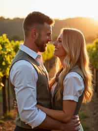 Engagement photoshoot at a vineyard or countryside.  Wearing a casual linen shirt and vest . Warm sunlight, scenic vineyard background.