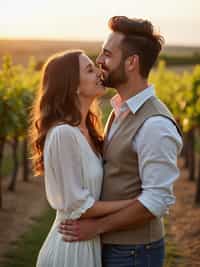 Engagement photoshoot at a vineyard or countryside.  Wearing a casual linen shirt and vest . Warm sunlight, scenic vineyard background.