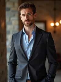 confident masculine  man dressed in smart-casual attire, ready for a dinner date