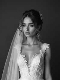 Artistic black and white wedding portrait, capturing emotions of the special day. Model wearing a vintage-inspired lace wedding dress  . Timeless and graceful composition.