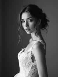 Artistic black and white wedding portrait, capturing emotions of the special day. Model wearing a vintage-inspired lace wedding dress  . Timeless and graceful composition.