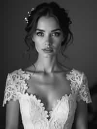 Artistic black and white wedding portrait, capturing emotions of the special day. Model wearing a vintage-inspired lace wedding dress  . Timeless and graceful composition.