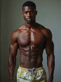 man  showing their muscles looking into camera. man is wearing  swim shorts the photo emphasizes their exaggerated, idealized body shapes.