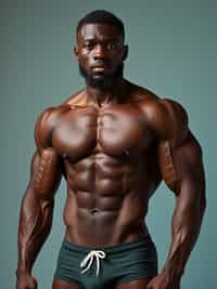 man  showing their muscles looking into camera. man is wearing  swim shorts the photo emphasizes their exaggerated, idealized body shapes.