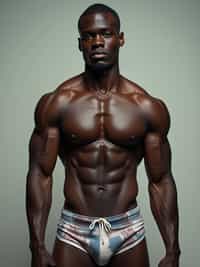 man  showing their muscles looking into camera. man is wearing  swim shorts the photo emphasizes their exaggerated, idealized body shapes.