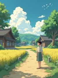 A serene line art anime-style scene in a Japanese countryside. The path winds between traditional wooden houses and rice fields, with fluffy white clouds drifting overhead. Magical dust spirits dance in the warm sunlight that filters through the trees. In the foreground, a gentle character stands thoughtfully, wearing  light countryside clothes with rolled-up sleeves. The character has a kind expression, watching the spirits play. The scene captures the peaceful magic of everyday life, painted in soft, warm colors typical of Studio line art anime.