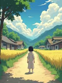A serene line art anime-style scene in a Japanese countryside. The path winds between traditional wooden houses and rice fields, with fluffy white clouds drifting overhead. Magical dust spirits dance in the warm sunlight that filters through the trees. In the foreground, a gentle character stands thoughtfully, wearing  light countryside clothes with rolled-up sleeves. The character has a kind expression, watching the spirits play. The scene captures the peaceful magic of everyday life, painted in soft, warm colors typical of Studio line art anime.