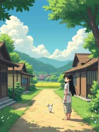 A serene line art anime-style scene in a Japanese countryside. The path winds between traditional wooden houses and rice fields, with fluffy white clouds drifting overhead. Magical dust spirits dance in the warm sunlight that filters through the trees. In the foreground, a gentle character stands thoughtfully, wearing  light countryside clothes with rolled-up sleeves. The character has a kind expression, watching the spirits play. The scene captures the peaceful magic of everyday life, painted in soft, warm colors typical of Studio line art anime.