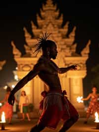 man in  resort evening attire at traditional Balinese dance performance, temple backdrop illuminated at night