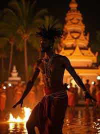 man in  resort evening attire at traditional Balinese dance performance, temple backdrop illuminated at night