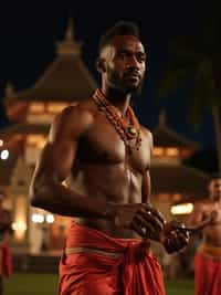 man in  resort evening attire at traditional Balinese dance performance, temple backdrop illuminated at night