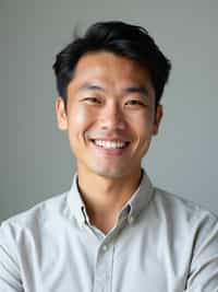 A professional therapist headshot of a compassionate man, taken in a well-lit studio with a plain backdrop. The man is dressed in  a neat, light-colored shirt with a friendly expression. The lighting is soft and even, highlighting their facial features with a warm and approachable expression. The focus is sharp, capturing the man's eyes and reassuring smile, creating a perfect headshot for therapy practices and professional profiles.