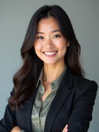 A professional lawyer headshot of a confident woman, taken in a well-lit studio with a plain backdrop. The woman is dressed in a tailored blazer with a crisp blouse and a confident smile . The lighting is soft and even, highlighting their facial features with a professional and authoritative expression. The focus is sharp, capturing the woman's eyes and engaging smile, creating a perfect headshot for law firm profiles and professional branding.