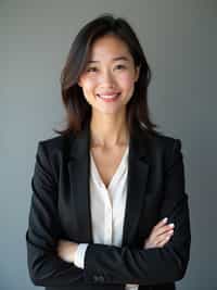 A professional lawyer headshot of a confident woman, taken in a well-lit studio with a plain backdrop. The woman is dressed in a tailored blazer with a crisp blouse and a confident smile . The lighting is soft and even, highlighting their facial features with a professional and authoritative expression. The focus is sharp, capturing the woman's eyes and engaging smile, creating a perfect headshot for law firm profiles and professional branding.
