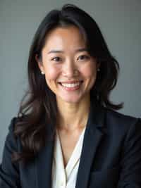 A professional lawyer headshot of a confident woman, taken in a well-lit studio with a plain backdrop. The woman is dressed in a tailored blazer with a crisp blouse and a confident smile . The lighting is soft and even, highlighting their facial features with a professional and authoritative expression. The focus is sharp, capturing the woman's eyes and engaging smile, creating a perfect headshot for law firm profiles and professional branding.