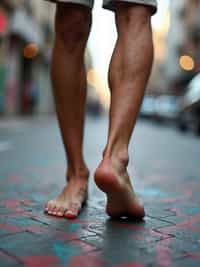 Model's bare feet, walking on a graffiti-covered urban street, capturing the essence of city life, also showing the bottom of feet.