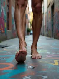 Model's bare feet, walking on a graffiti-covered urban street, capturing the essence of city life, also showing the bottom of feet.