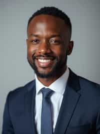 A professional real estate agent headshot of a confident man, taken in a well-lit studio with a plain backdrop. The man is dressed in  a sharp suit with a neat tie and a confident expression. The lighting is soft and even, highlighting their facial features with a professional and approachable expression. The focus is sharp, capturing the man's eyes and engaging smile, creating a perfect headshot for real estate listings and professional profiles.