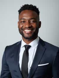 A professional real estate agent headshot of a confident man, taken in a well-lit studio with a plain backdrop. The man is dressed in  a sharp suit with a neat tie and a confident expression. The lighting is soft and even, highlighting their facial features with a professional and approachable expression. The focus is sharp, capturing the man's eyes and engaging smile, creating a perfect headshot for real estate listings and professional profiles.