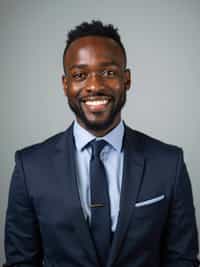 A professional real estate agent headshot of a confident man, taken in a well-lit studio with a plain backdrop. The man is dressed in  a sharp suit with a neat tie and a confident expression. The lighting is soft and even, highlighting their facial features with a professional and approachable expression. The focus is sharp, capturing the man's eyes and engaging smile, creating a perfect headshot for real estate listings and professional profiles.