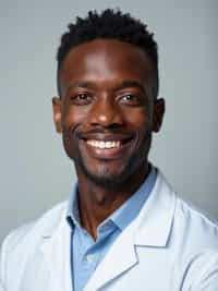 A professional doctor headshot of a confident man, taken in a well-lit studio with a plain backdrop. The man is dressed in  a neat, light-colored shirt with a professional expression. The lighting is soft and even, highlighting their facial features with a warm and authoritative expression. The focus is sharp, capturing the man's eyes and reassuring smile, creating a perfect headshot for medical practices and professional profiles.