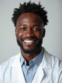 A professional doctor headshot of a confident man, taken in a well-lit studio with a plain backdrop. The man is dressed in  a neat, light-colored shirt with a professional expression. The lighting is soft and even, highlighting their facial features with a warm and authoritative expression. The focus is sharp, capturing the man's eyes and reassuring smile, creating a perfect headshot for medical practices and professional profiles.