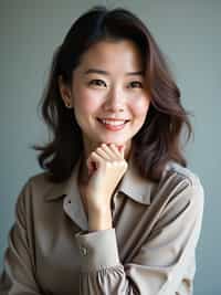 A professional author headshot of a thoughtful woman, taken in a well-lit studio with a plain backdrop. The woman is dressed in a stylish, professional blouse with natural makeup and a contemplative smile . The lighting is soft and even, highlighting their facial features with a warm and intellectual expression. The focus is sharp, capturing the woman's eyes and thoughtful smile, creating a perfect headshot for book covers and professional profiles.