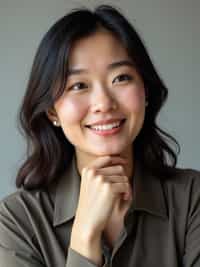 A professional author headshot of a thoughtful woman, taken in a well-lit studio with a plain backdrop. The woman is dressed in a stylish, professional blouse with natural makeup and a contemplative smile . The lighting is soft and even, highlighting their facial features with a warm and intellectual expression. The focus is sharp, capturing the woman's eyes and thoughtful smile, creating a perfect headshot for book covers and professional profiles.