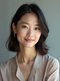 A professional author headshot of a thoughtful woman, taken in a well-lit studio with a plain backdrop. The woman is dressed in a stylish, professional blouse with natural makeup and a contemplative smile . The lighting is soft and even, highlighting their facial features with a warm and intellectual expression. The focus is sharp, capturing the woman's eyes and thoughtful smile, creating a perfect headshot for book covers and professional profiles.