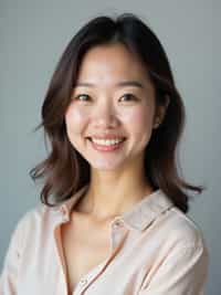 A professional life coach headshot of an inspiring woman, taken in a well-lit studio with a plain backdrop. The woman is dressed in a soft, professional blouse with natural makeup and a confident smile . The lighting is soft and even, highlighting their facial features with a warm and encouraging expression. The focus is sharp, capturing the woman's eyes and uplifting smile, creating a perfect headshot for coaching practices and professional profiles.