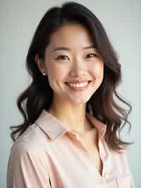 A professional life coach headshot of an inspiring woman, taken in a well-lit studio with a plain backdrop. The woman is dressed in a soft, professional blouse with natural makeup and a confident smile . The lighting is soft and even, highlighting their facial features with a warm and encouraging expression. The focus is sharp, capturing the woman's eyes and uplifting smile, creating a perfect headshot for coaching practices and professional profiles.